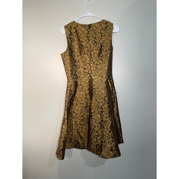 Chetta B Gold Floral Brocade Fit and Flare Beaded High Neck Dress - Picture 5 of 11